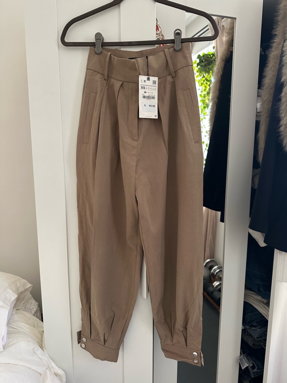Zara Tan High-Waisted Barrel Pants